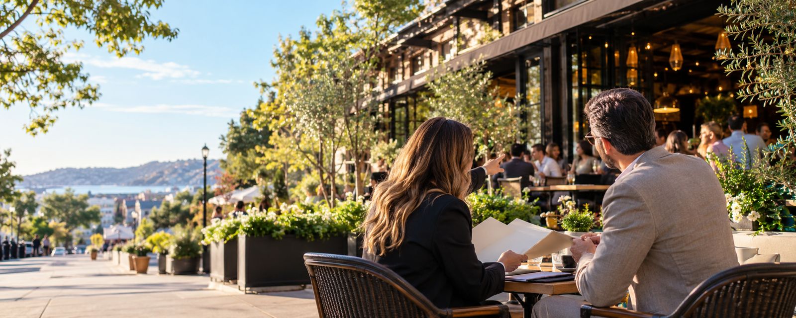 Buyer and advisor discussing a restaurant opportunity on a sunny patio