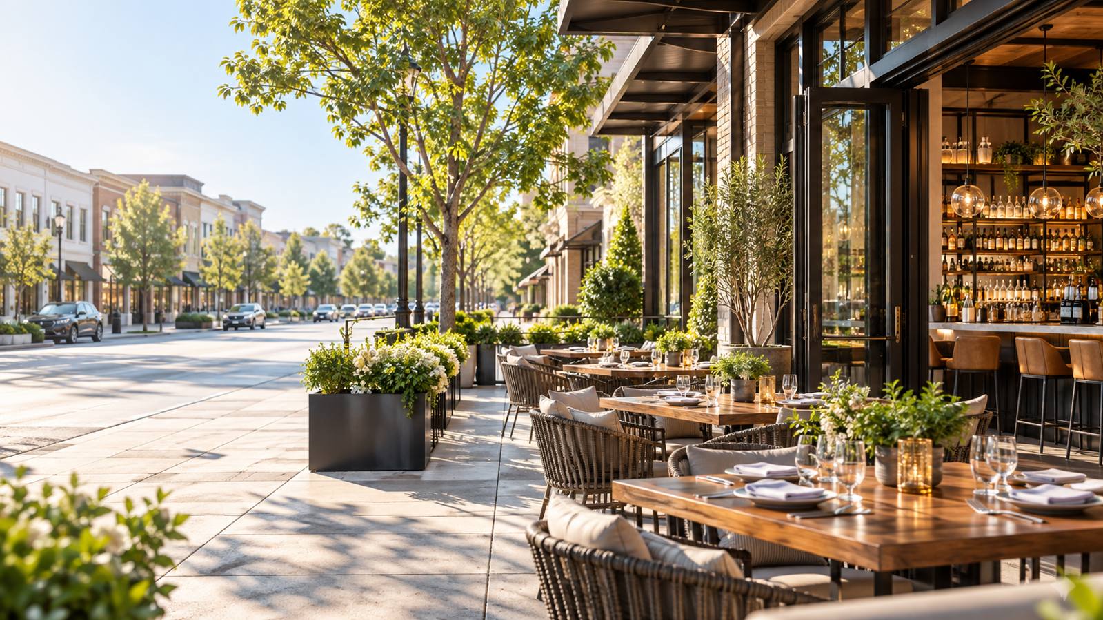 Sunny restaurant patio beside a neighborhood main street
